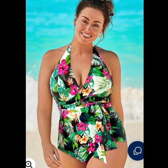 Swimsuits For All Green&Purple Tropical Halter Tie One Piece Swimsuit Sz.16 - Picture 1 of 16